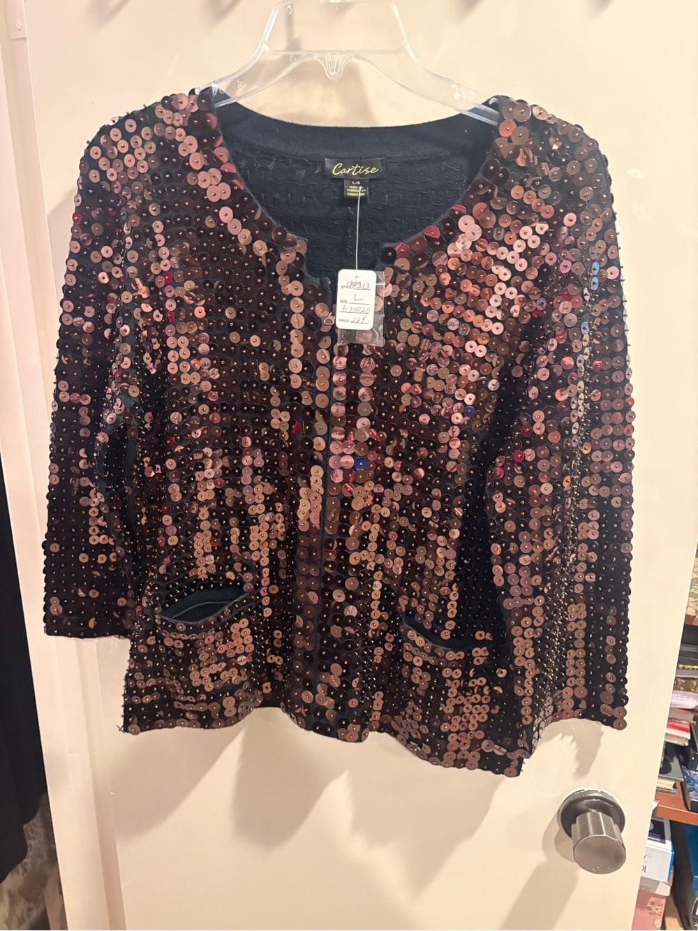Black Sequin Round-Neck Jacket - Rose Gold Sequins
